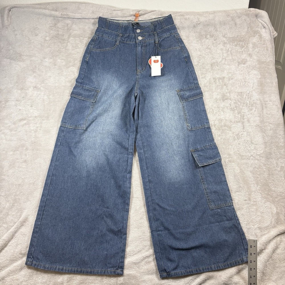 NWT Cider Women's Double High Rise Waist Pocket Wide Leg Jeans Dark Navy Size Sm